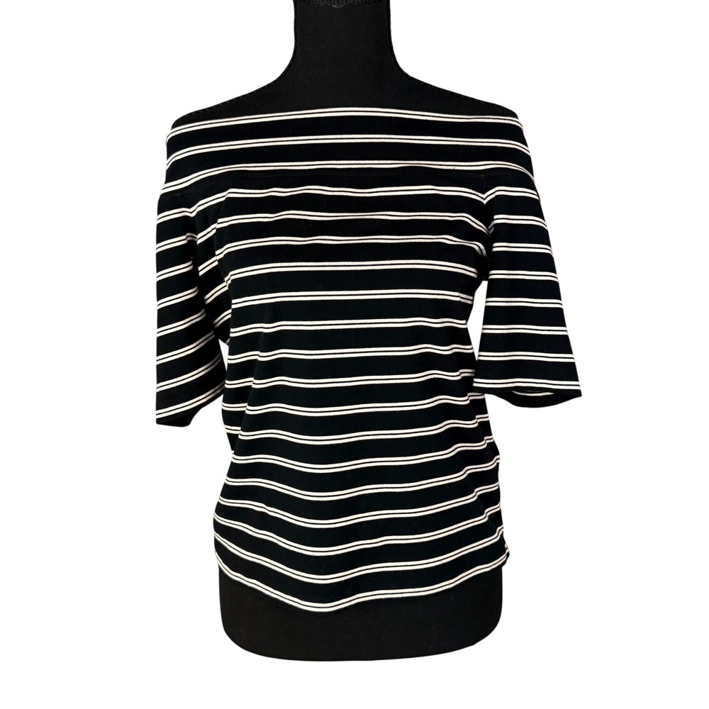 Lauren Ralph Lauren Striped Boat Neck Top Black White Short Sleeve Cotton L